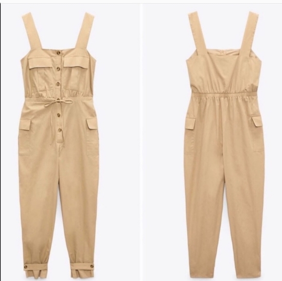 ZARA Poplin Cargo Overall Jumpsuit Tan Color Size Medium - Picture 2 of 13